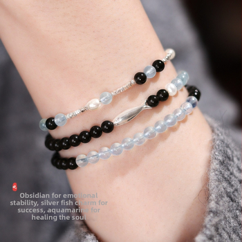 Dj Jewelry narukvica od obsidijana, akvamarina i bisera u srebru 925 – oblik cvijeta, ženski originalni dizajn, polirani završetak