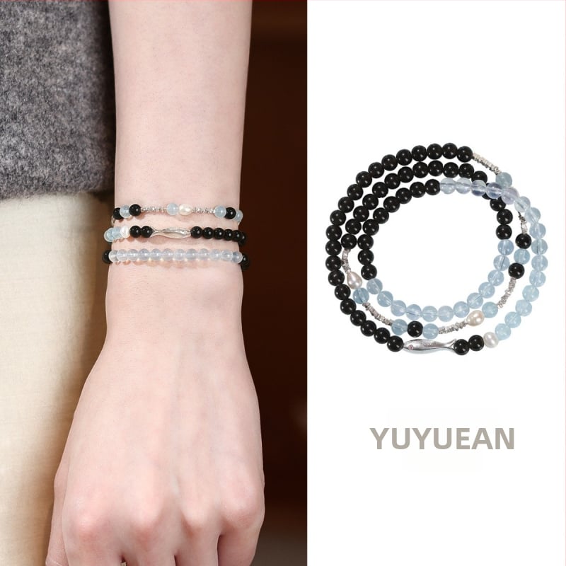 Dj Jewelry narukvica od obsidijana, akvamarina i bisera u srebru 925 – oblik cvijeta, ženski originalni dizajn, polirani završetak