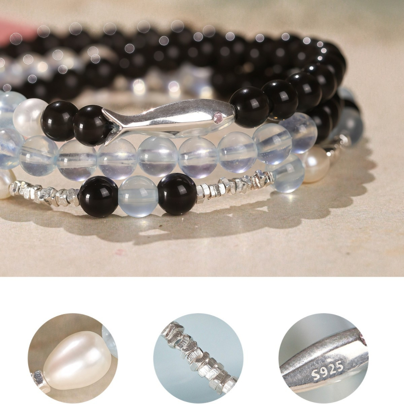 Dj Jewelry narukvica od obsidijana, akvamarina i bisera u srebru 925 – oblik cvijeta, ženski originalni dizajn, polirani završetak