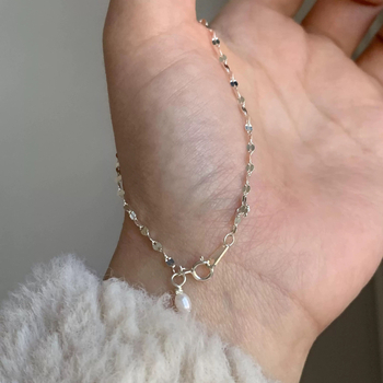 Brățară din argint 925 cu perle naturale de apă dulce, electroplacată, stil feminin coreean, design geometric, greutate aproximativă 0,65 g