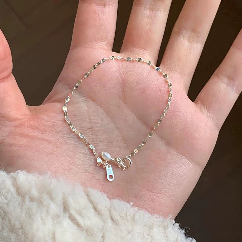 Brățară din argint 925 cu perle naturale de apă dulce, electroplacată, stil feminin coreean, design geometric, greutate aproximativă 0,65 g