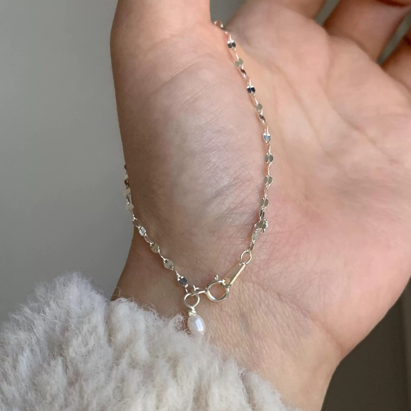 Brățară din argint 925 cu perle naturale de apă dulce, electroplacată, stil feminin coreean, design geometric, greutate aproximativă 0,65 g