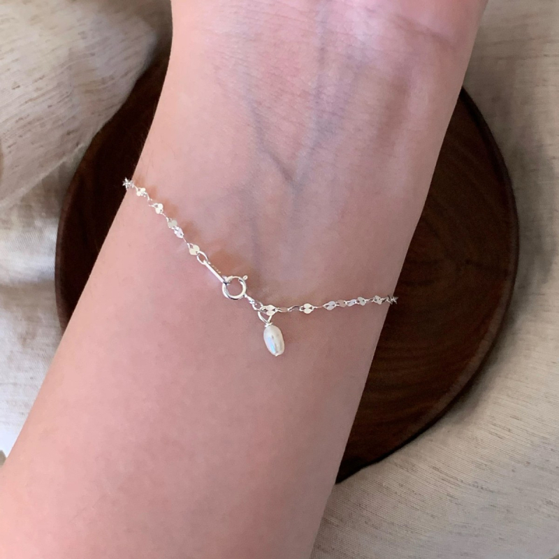 Brățară din argint 925 cu perle naturale de apă dulce, electroplacată, stil feminin coreean, design geometric, greutate aproximativă 0,65 g