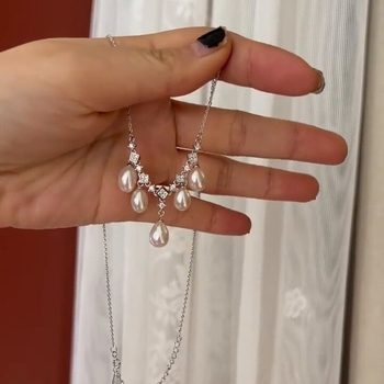 Colier cu perle de apă dulce, formă de orez, din argint 925, lanț cu cruce, lungime 41–50 cm, greutate 2,58 g, electroplacare