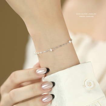 Brățară barocă cu perle pentru femei – argint 925, set cu perle, formă geometrică, lanț dublu rotativ, stil nișă