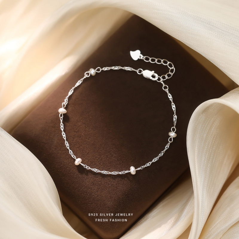 Brățară barocă cu perle pentru femei – argint 925, set cu perle, formă geometrică, lanț dublu rotativ, stil nișă