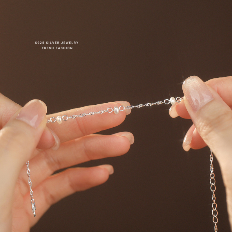 Brățară barocă cu perle pentru femei – argint 925, set cu perle, formă geometrică, lanț dublu rotativ, stil nișă