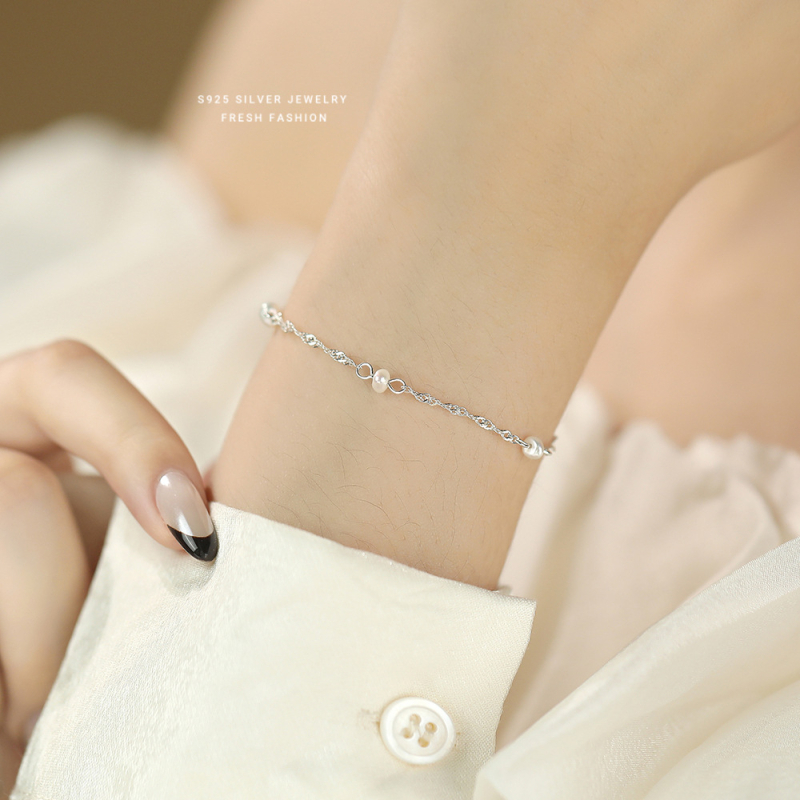 Brățară barocă cu perle pentru femei – argint 925, set cu perle, formă geometrică, lanț dublu rotativ, stil nișă