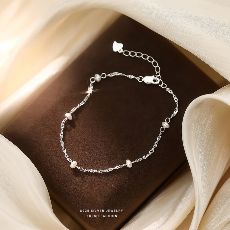 Brățară barocă cu perle pentru femei – argint 925, set cu perle, formă geometrică, lanț dublu rotativ, stil nișă