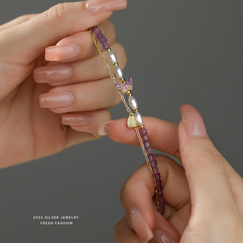 Brățară cu ametist natural, design geometric, mărgele lucrate manual, Yun xiaoshu brand, stil zână