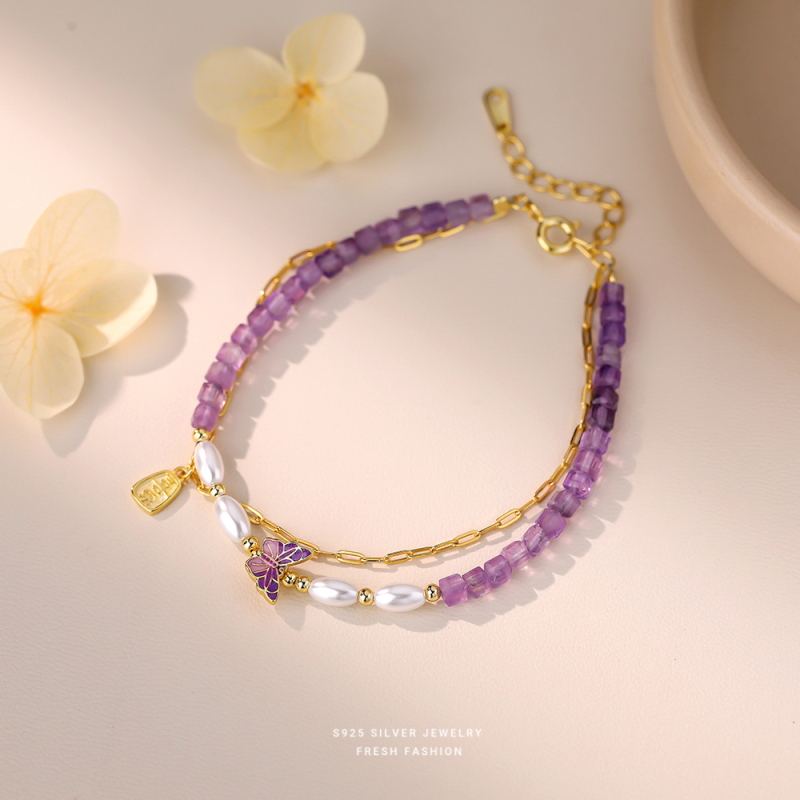 Brățară cu ametist natural, design geometric, mărgele lucrate manual, Yun xiaoshu brand, stil zână