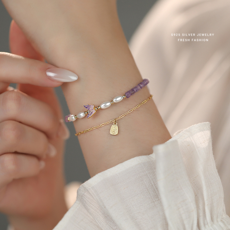 Brățară cu ametist natural, design geometric, mărgele lucrate manual, Yun xiaoshu brand, stil zână