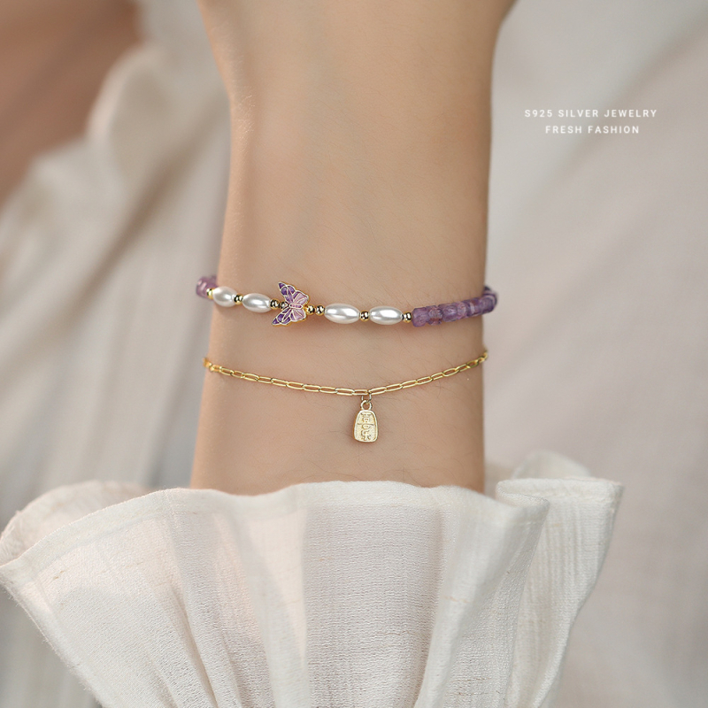 Brățară cu ametist natural, design geometric, mărgele lucrate manual, Yun xiaoshu brand, stil zână