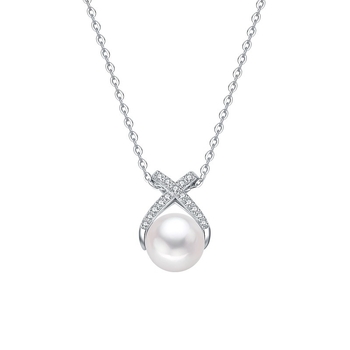 Colier din argint 925 cu cruce, perle naturale de apă dulce și accente diamant, lanț în formă de O