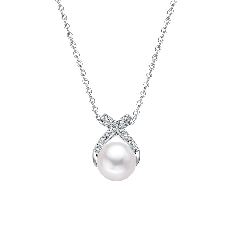 Colier din argint 925 cu cruce, perle naturale de apă dulce și accente diamant, lanț în formă de O