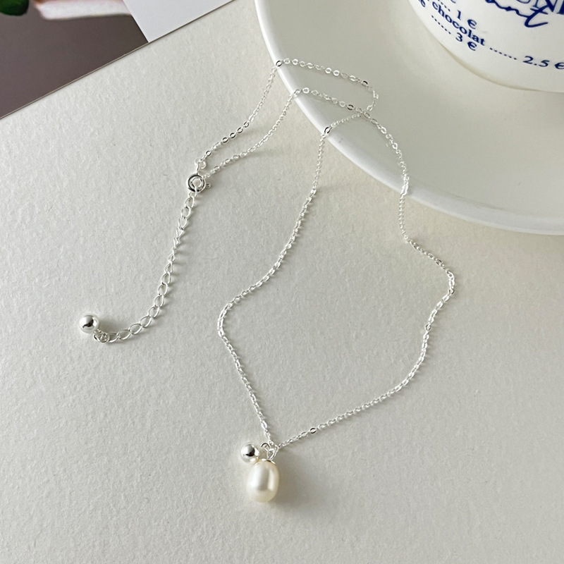 925 ezüst nyaklánc természetes gyöngyökkel, kör gyöngyök, kulcscsont-nyaklánc, egyszerű elegáns dizájn