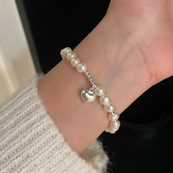 Brățară din argint 925 cu perle naturale, în formă de inimă, pentru femei, design simplu