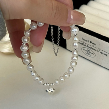 Brățară din argint 925 cu perle naturale, în formă de inimă, pentru femei, design simplu