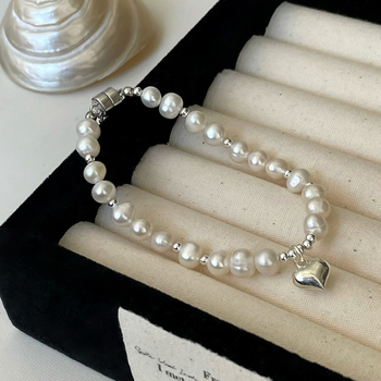 Brățară din argint 925 cu perle naturale, în formă de inimă, pentru femei, design simplu