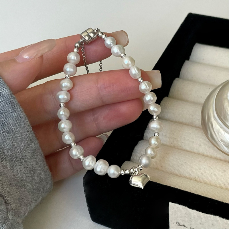 Brățară din argint 925 cu perle naturale, în formă de inimă, pentru femei, design simplu