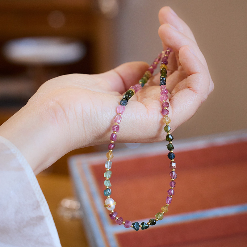 Colier cu turmalin și perlă de apă dulce, lanț răsucit, pandantiv din argint 925 cu inscripție, stil Rococo artistic retro