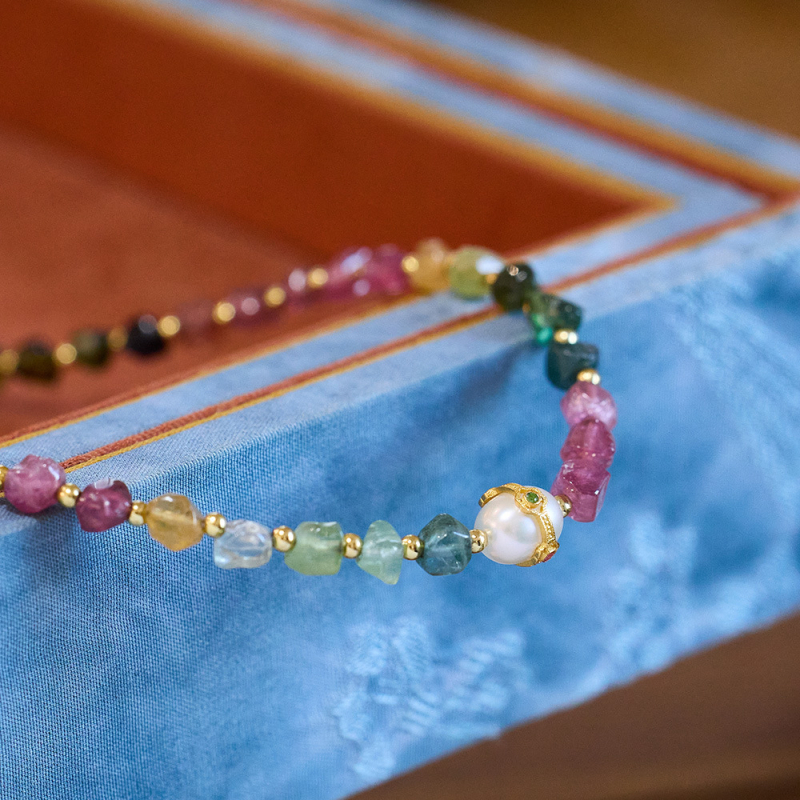 Colier cu turmalin și perlă de apă dulce, lanț răsucit, pandantiv din argint 925 cu inscripție, stil Rococo artistic retro