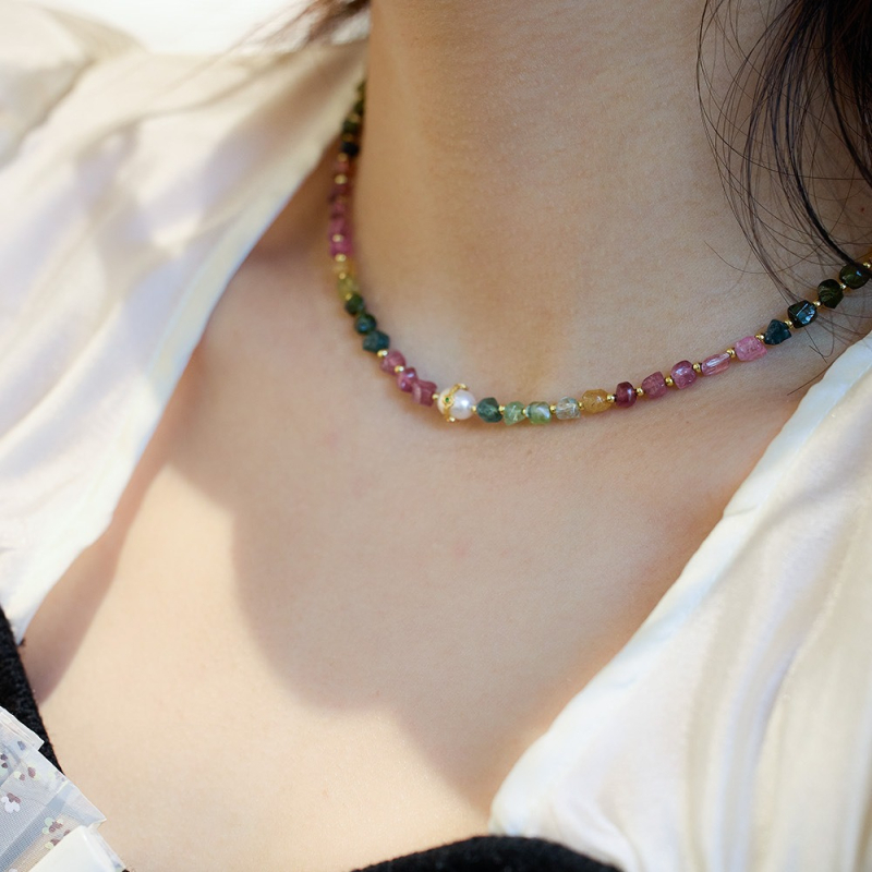 Colier cu turmalin și perlă de apă dulce, lanț răsucit, pandantiv din argint 925 cu inscripție, stil Rococo artistic retro