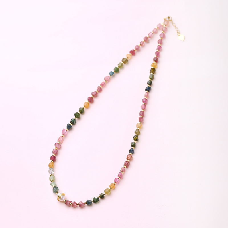 Colier cu turmalin și perlă de apă dulce, lanț răsucit, pandantiv din argint 925 cu inscripție, stil Rococo artistic retro