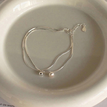 Brățară cu două straturi de bile de perlă din argint 925, lanț în stil os de șarpe, design minimalist pentru femei, 2 g