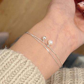 Brățară cu două straturi de bile de perlă din argint 925, lanț în stil os de șarpe, design minimalist pentru femei, 2 g