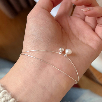 Brățară cu două straturi de bile de perlă din argint 925, lanț în stil os de șarpe, design minimalist pentru femei, 2 g