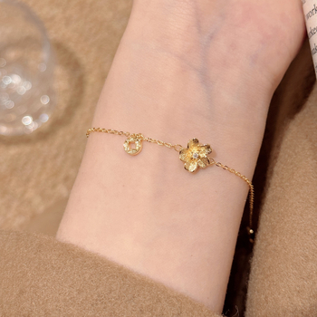 Brățară cu flori - alamă placată cu aur, placare cu aur real, zirconiu, stil proaspăt și dulce, pentru femei