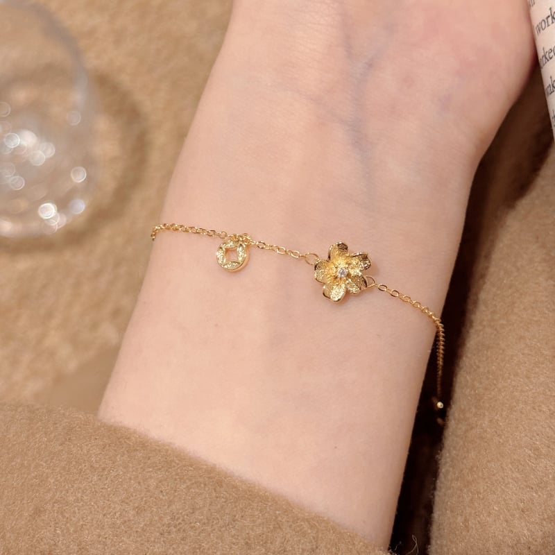 Brățară cu flori - alamă placată cu aur, placare cu aur real, zirconiu, stil proaspăt și dulce, pentru femei