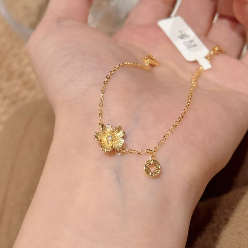 Brățară cu flori - alamă placată cu aur, placare cu aur real, zirconiu, stil proaspăt și dulce, pentru femei