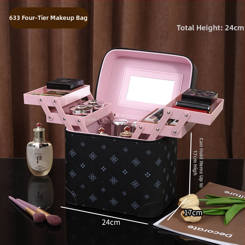 Daudzslāņīgs pārnēsājams kosmētikas kastīte ar spoguli, liela ietilpība, PVC materiāls