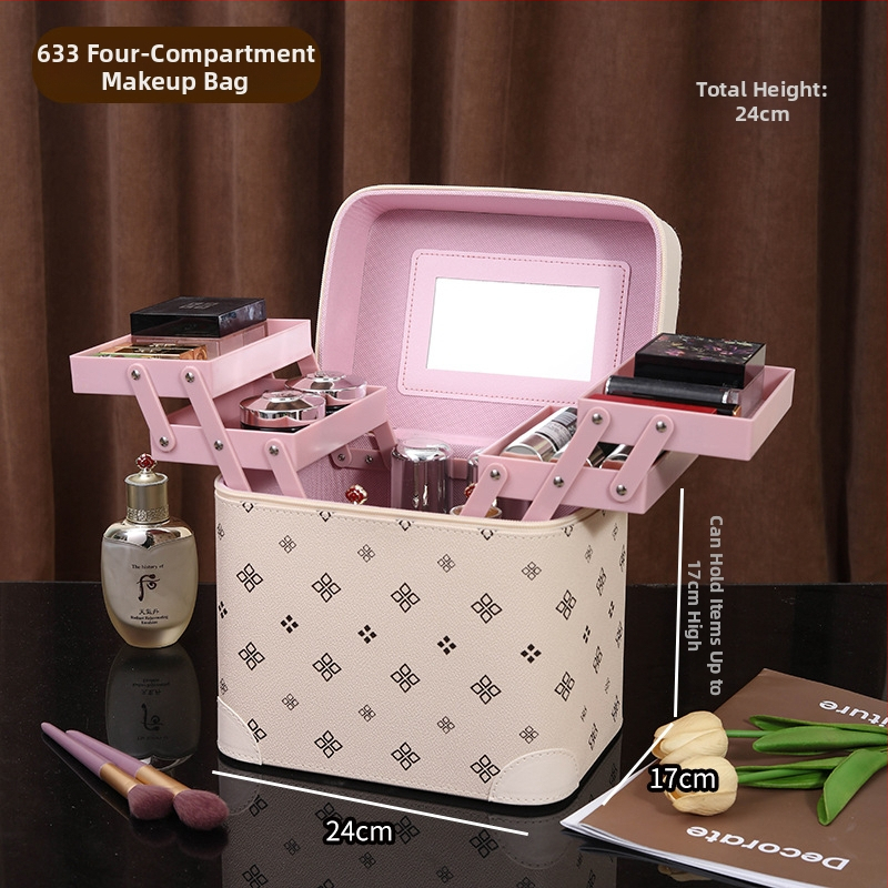 Daudzslāņīgs pārnēsājams kosmētikas kastīte ar spoguli, liela ietilpība, PVC materiāls