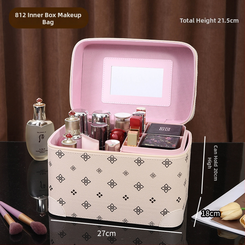 Daudzslāņīgs pārnēsājams kosmētikas kastīte ar spoguli, liela ietilpība, PVC materiāls