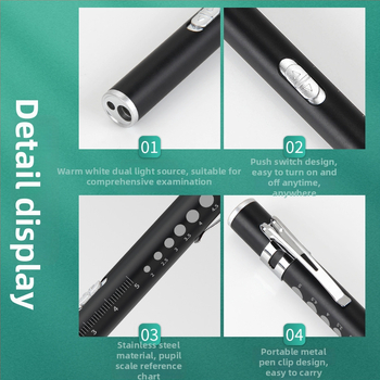 Kézben tartható orvosi vizsgálati toll kettős fényforrással, USB töltés, rozsdamentes acél burkolat, modell FA201B-1
