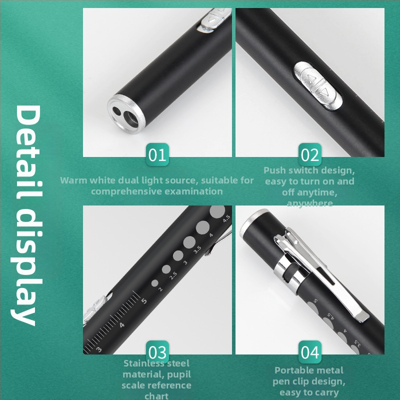 Rankinis medicininis pupilio pieštuko lempa su dviejų šviesos šaltinių, USB įkrovimas, nerūdijančio plieno korpusas, modelis FA201B-1