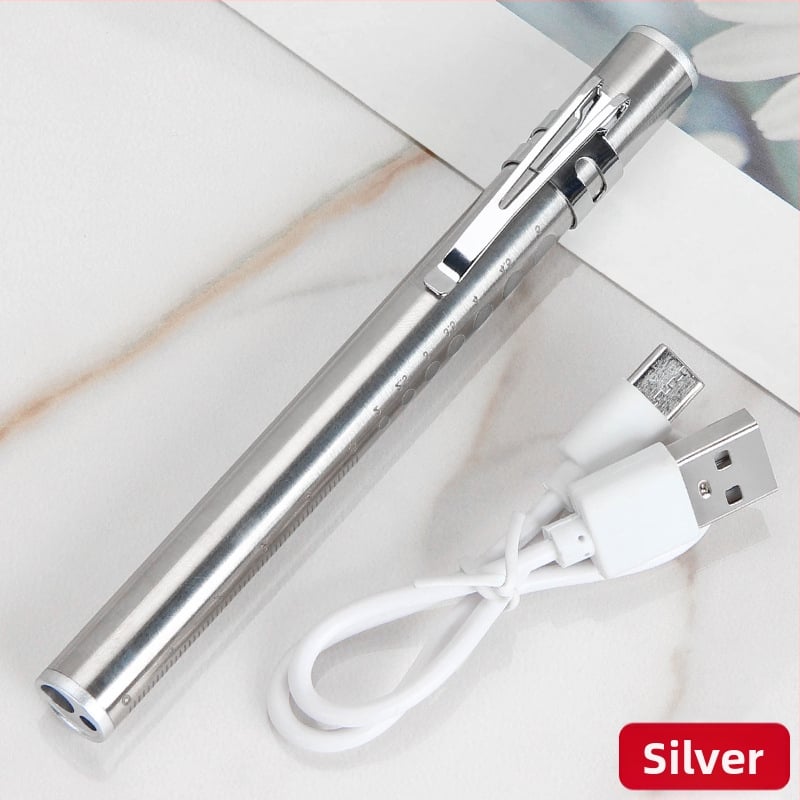 Kézben tartható orvosi vizsgálati toll kettős fényforrással, USB töltés, rozsdamentes acél burkolat, modell FA201B-1
