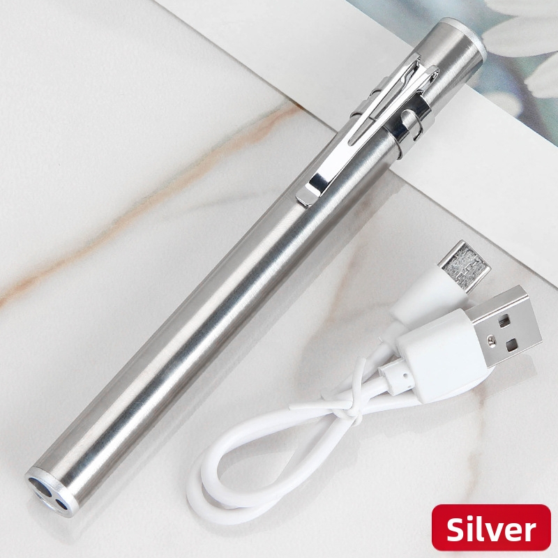 Kézben tartható orvosi vizsgálati toll kettős fényforrással, USB töltés, rozsdamentes acél burkolat, modell FA201B-1