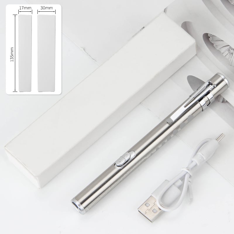 Kézben tartható orvosi vizsgálati toll kettős fényforrással, USB töltés, rozsdamentes acél burkolat, modell FA201B-1