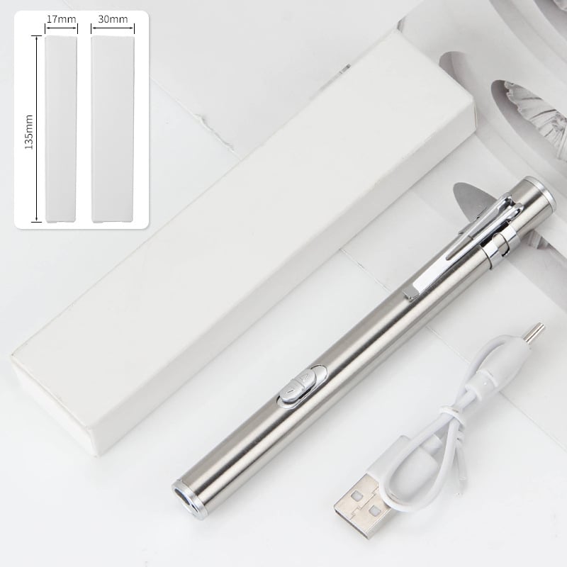 Kézben tartható orvosi vizsgálati toll kettős fényforrással, USB töltés, rozsdamentes acél burkolat, modell FA201B-1