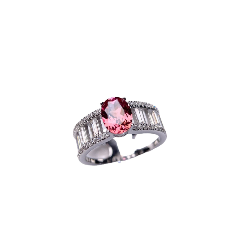 Prsten Padparadscha – geometrijski dizajn, safir, srebrna ugradnja s dragim kamenjem, međunarodno jamstvo