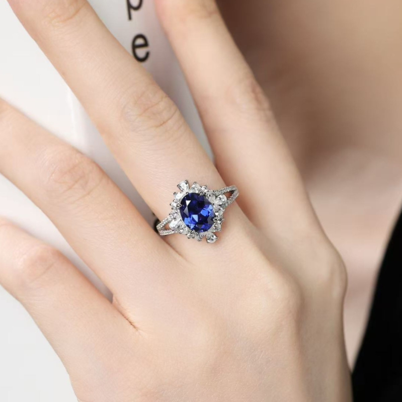 Δαχτυλίδι με καλλιεργημένο ζαφείρι, ασήμι S925, διακοσμημένο με λίθους, γεωμετρικός σχεδιασμός, κομψό γυναικείο στυλ