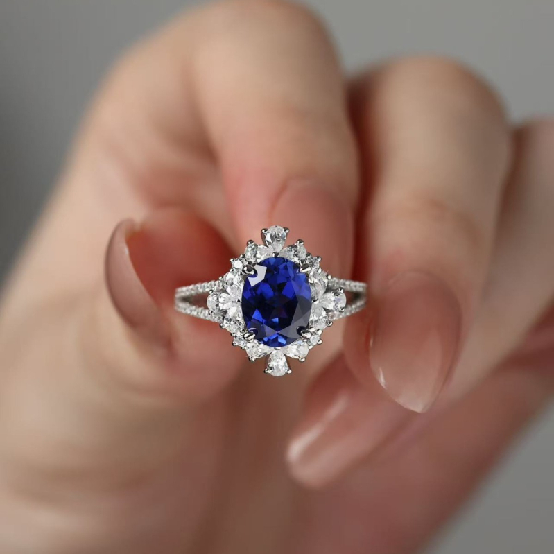 Δαχτυλίδι με καλλιεργημένο ζαφείρι, ασήμι S925, διακοσμημένο με λίθους, γεωμετρικός σχεδιασμός, κομψό γυναικείο στυλ