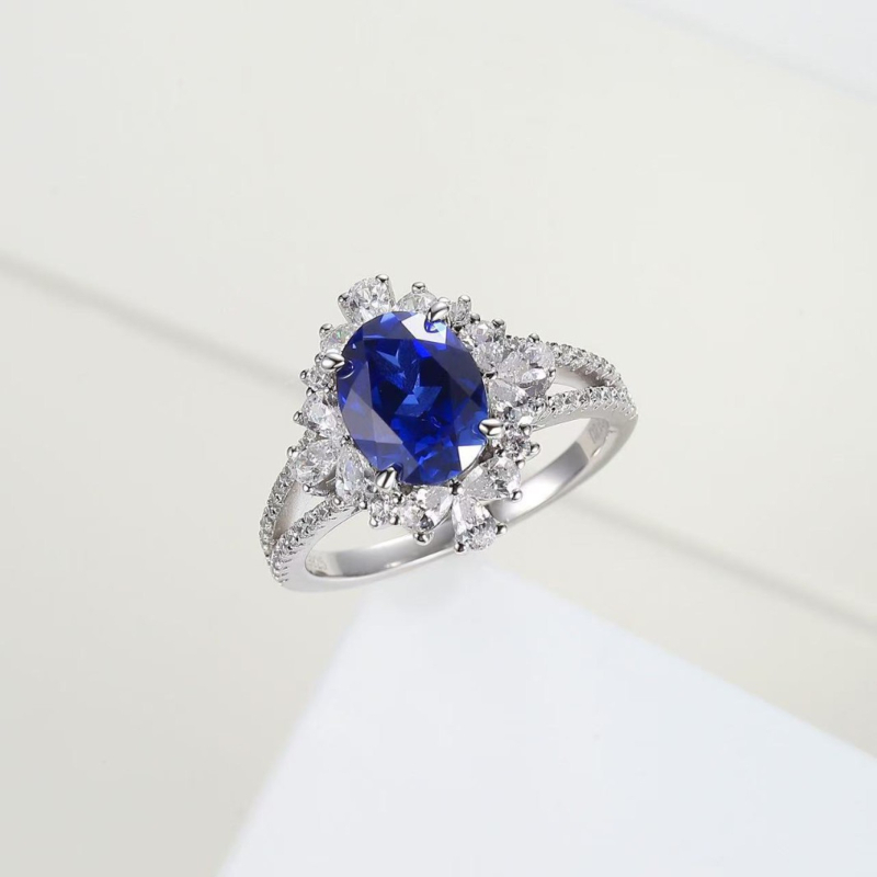 Δαχτυλίδι με καλλιεργημένο ζαφείρι, ασήμι S925, διακοσμημένο με λίθους, γεωμετρικός σχεδιασμός, κομψό γυναικείο στυλ