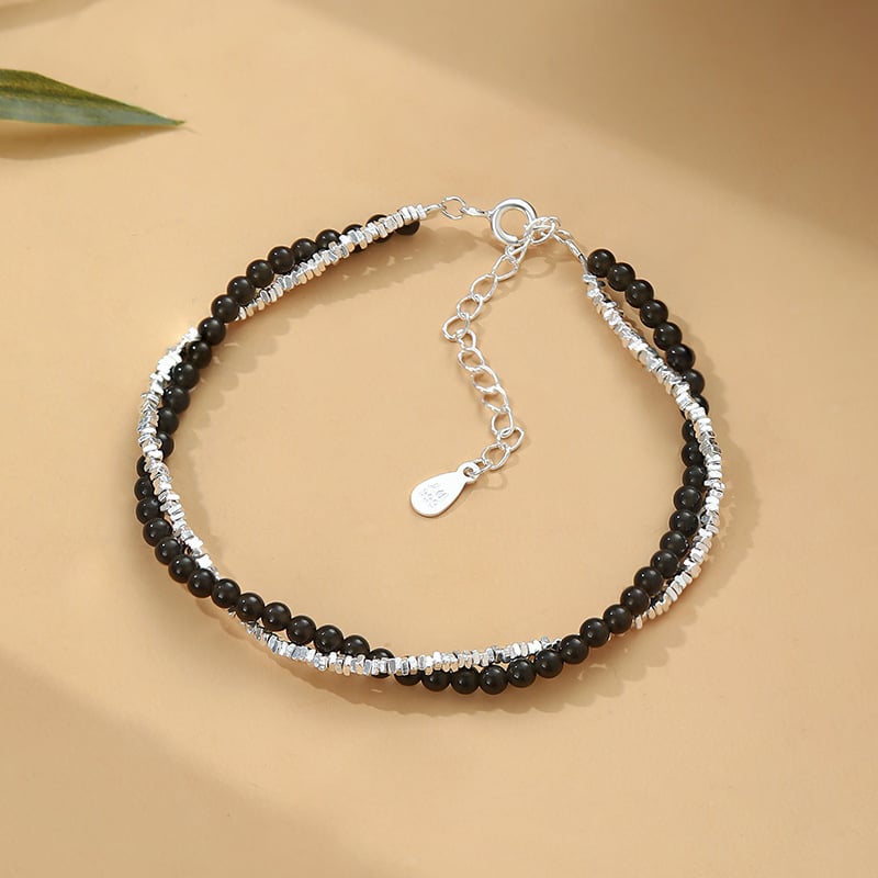 Narukvica od srebra Sterling S999 s obsidijanom – za žene, geometrijski minimalistički dizajn, lagani luksuz stil
