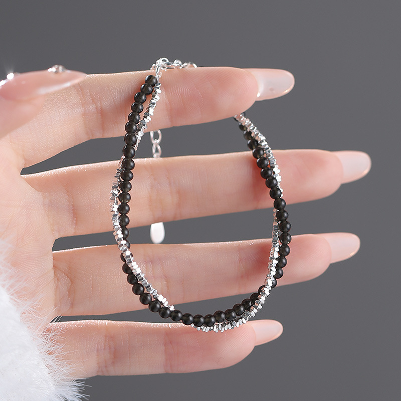 Narukvica od srebra Sterling S999 s obsidijanom – za žene, geometrijski minimalistički dizajn, lagani luksuz stil