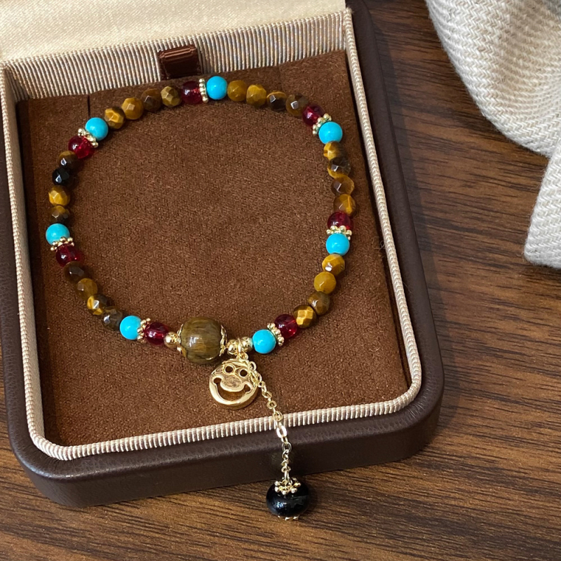 Narukvica od prirodnih kamenja tiger eye i malahit, cvjetnog oblika, 14k plating, za žene